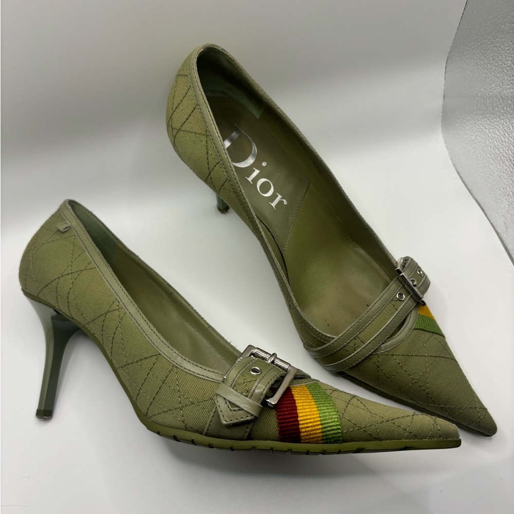 2004 Christian Dior John Galliano Green Rasta Cannage Court Shoes Pointed Heels